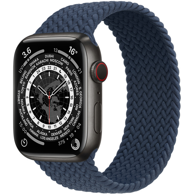 Ceas Smartwatch Apple Watch Series 7, GPS + Cellular, 41mm Space Black Titanium Case, Abyss Blue Braided Solo Loop