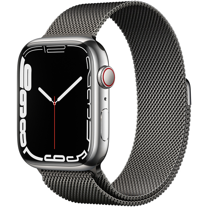 Ceas Smartwatch Apple Watch Series 7, GPS + Cellular, 45mm Silver Stainless Steel Case, Graphite Milanese Loop