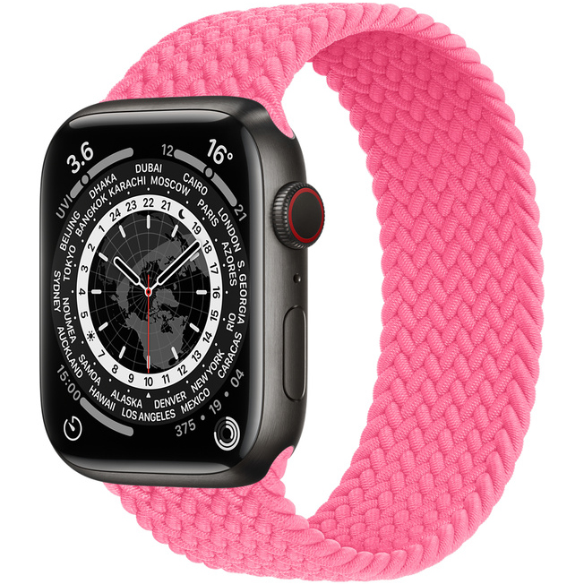 Ceas Smartwatch Apple Watch Series 7, GPS + Cellular, 45mm Space Black Titanium Case, Flamingo Braided Solo Loop